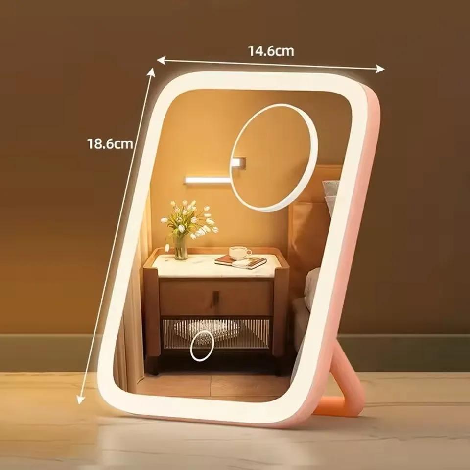 LED Makeup Mirror, 3-Color Light, 360° Rotatable, Touch Control, USB Powered, Tabletop Vanity Mirror for Bedroom Bathroom Trave