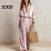 High-end Casual Women Wear Women's Boho Cotton Linen 2 Piece Sets, 3/4 Sleeve Printed Shirts Pear-shaped Figure Clothing And Wide Leg Pants