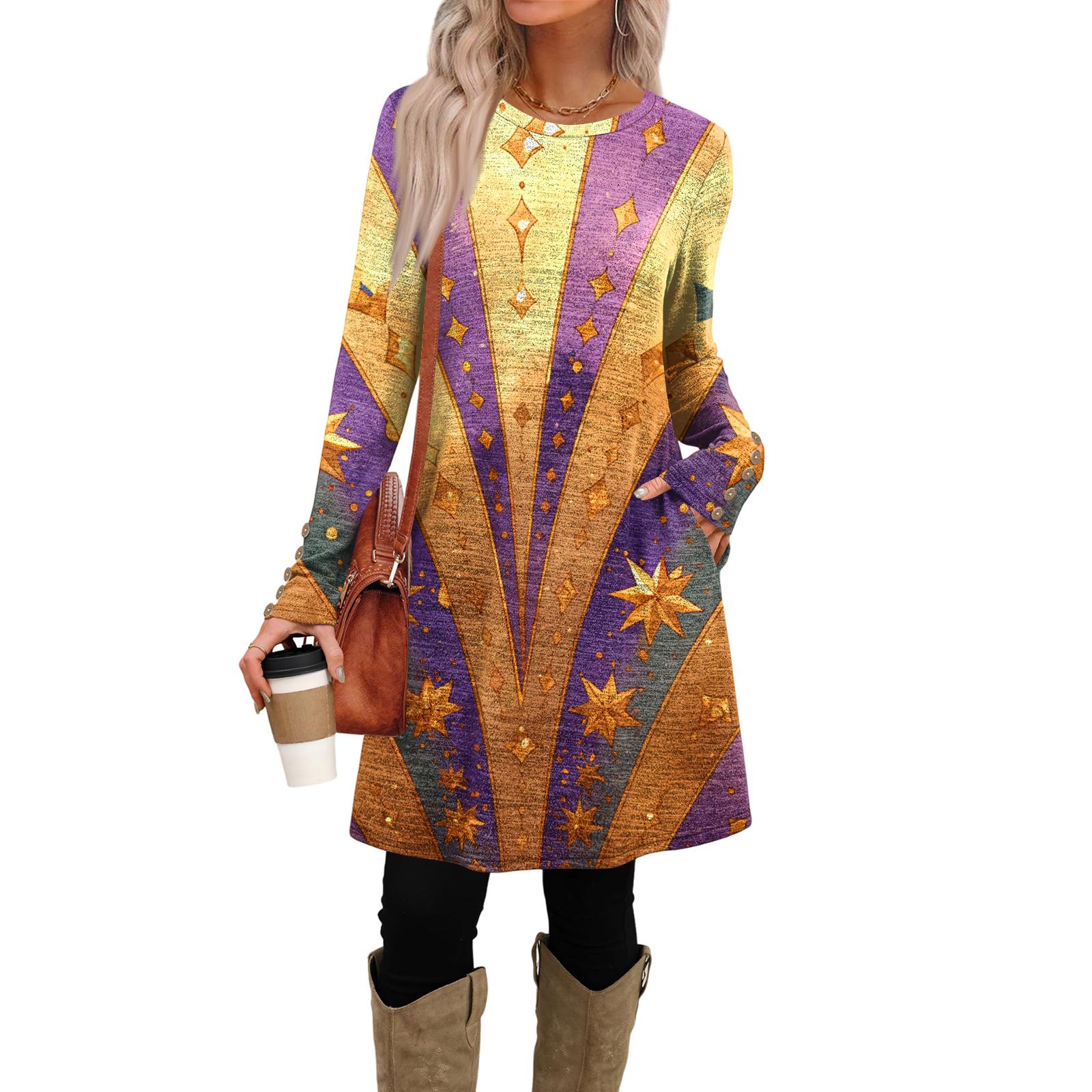 

Women s Fashion Casual Dress With Pockets, Decorative Buttons, Carnival Prints, Round Neck And Long Sleeves XXL оранжевый