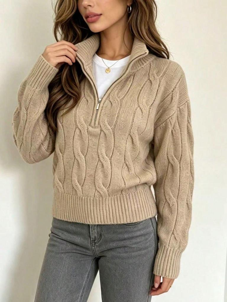 Europäischer & Amerikanischer Lässiger Strickpullover: Damen Pullover mit durchgehendem Reißverschluss, einfarbig, lange Ärmel