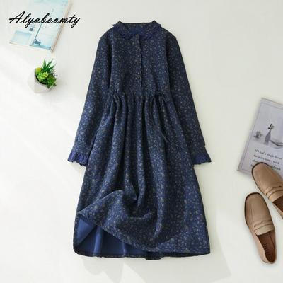 Japanse Mori Meisje Herfst Winter Dames Midi Jurk Omgeslagen Kraag Rood Marineblauw Bloemenprint Vetersluiting Jurk Fleece Dik Warm Vintage Jurk