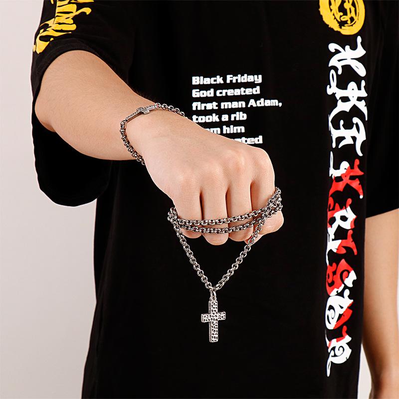 Korean Style Stainless Steel Cross Necklace & Men's Titanium Steel Bracelet Set