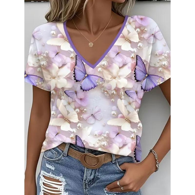 Women's T-shirt Fashion Casual Versatile Vacation Style Summer T Shirt 3D Butterfly Print V-neck Short Sleeved Top