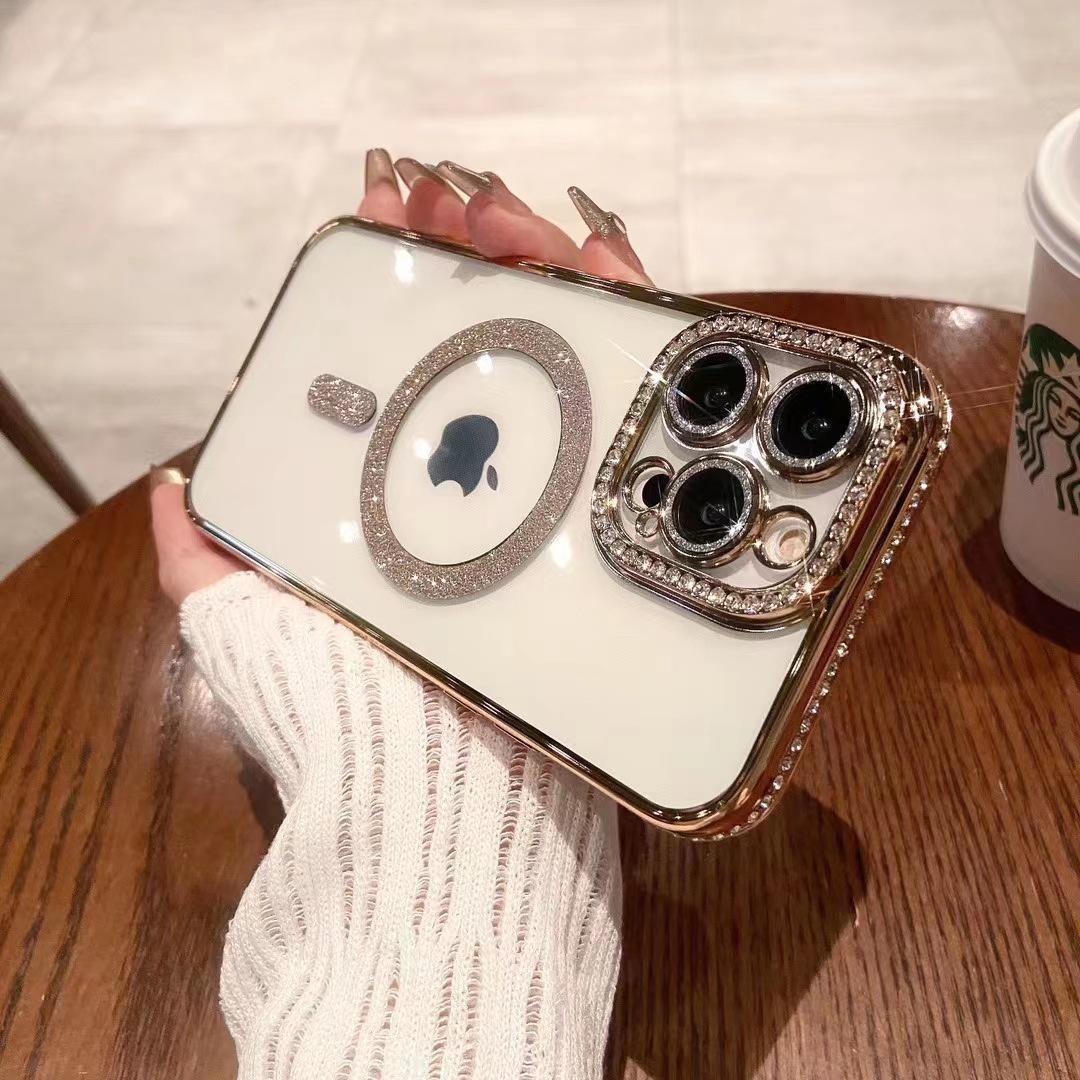 

Магнитный чехол для телефона с блестками и стразами для iPhone 17 Pro Max, совместимый с Apple 16-14, гальванизированный и ударопрочный дизайн 16 Pro Max