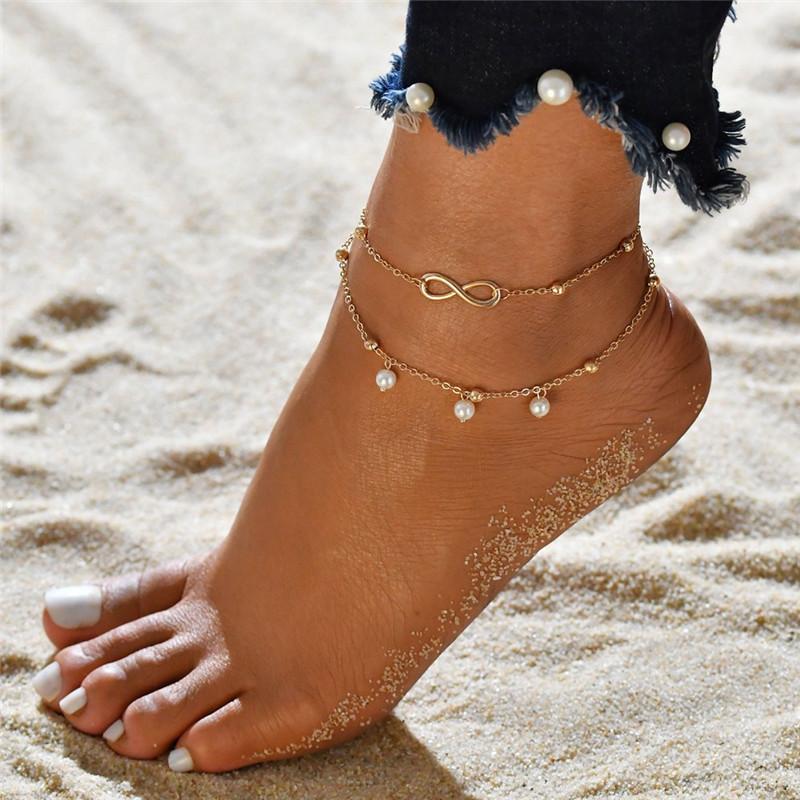 Two Layers Chain Heart Style Gold/Silver Color Anklets For Women Bracelets Summer Barefoot Sandals Jewelry On Foot Leg