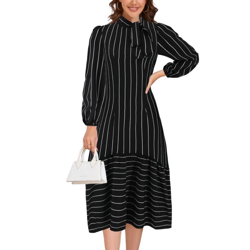 Women's Fashion Professional Dress Senior Sense Stand Collar Pinstripe Dress