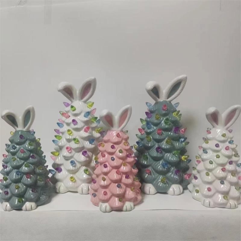 Easter Decoration White Pottery Rabbit Figurines Led Glowing Animal Ornament Rabbit Tree Crafts for Easter Party Decor
