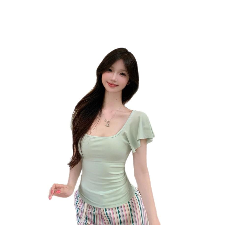Pure desire white square neck small flying sleeve T-shirt women's summer design sense niche slim and thin short sweet Spice Girl top