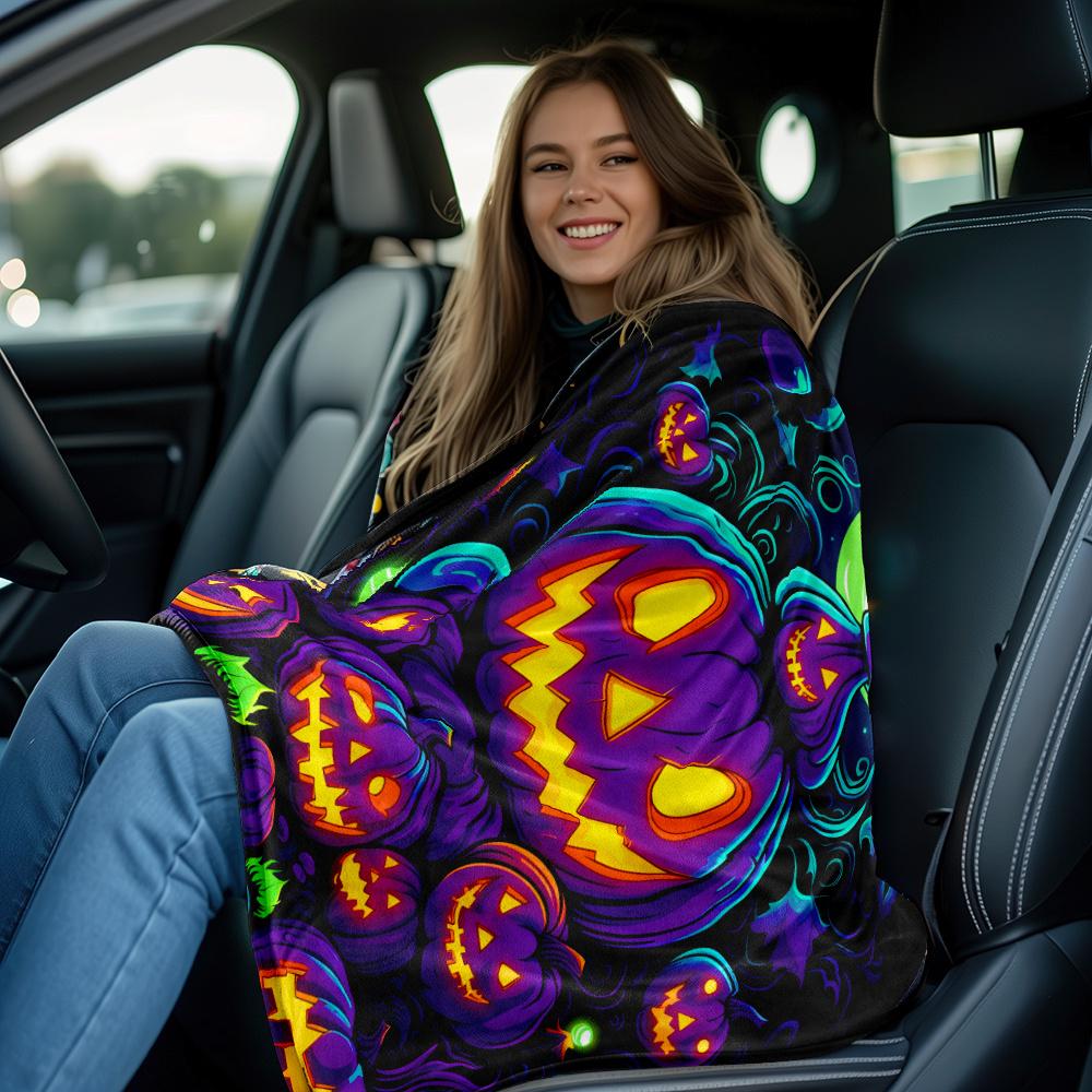 Halloween Pumpkin Blanket Spooky Haunted Night Party Blanket Purple Jack O Lanterns Glow In Dark Festive Seasonal Decoration