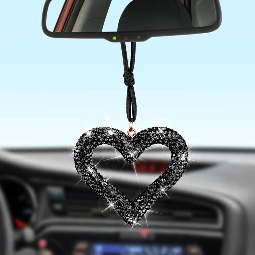 Bling Heart Car Hanging Accessories, Bling Rear View Mirror Accessories, Universal Bling Heart Diamond Car Accessories for Cars, Trucks, SUVs