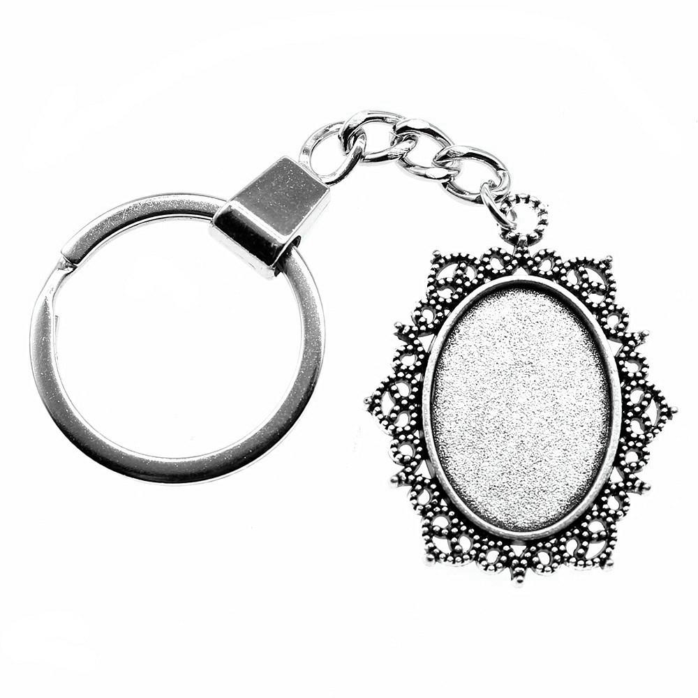 Heart Elliptical Glass Cabochon Base Setting Tray Blank Antique Bronze Metal Keychain for Family Gift