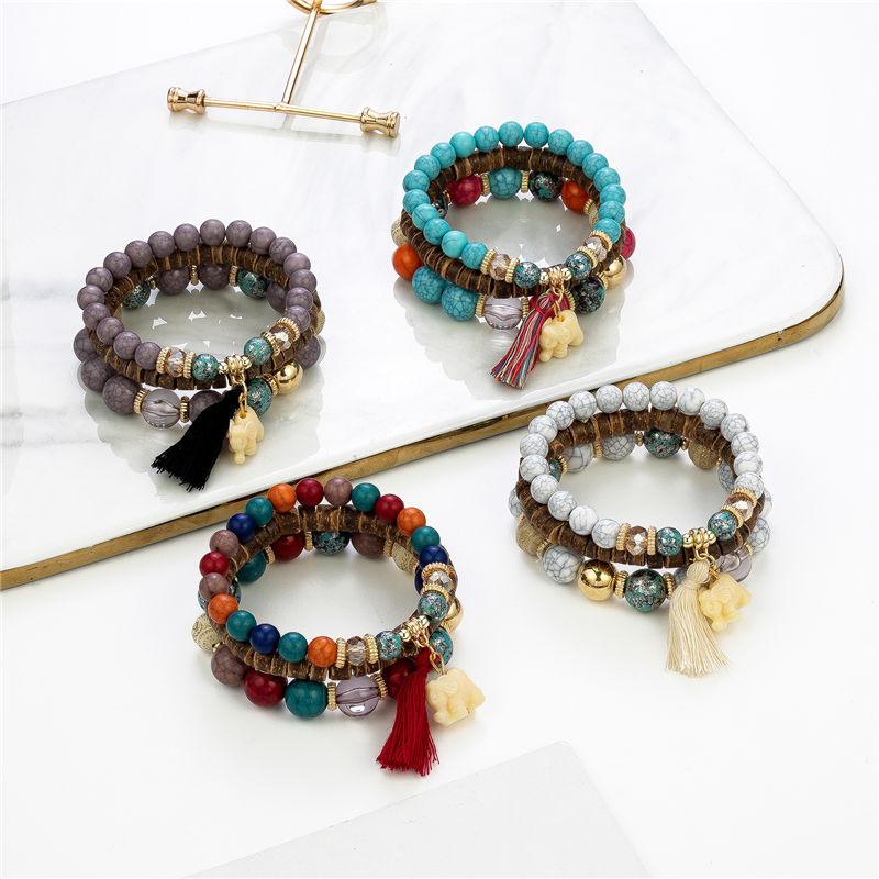 3Pcs Bohemian Stone Beads Bracelet Set For Women Tassel Elephant Charm Elastic Chain Bangle Female Boho Party Jewelry