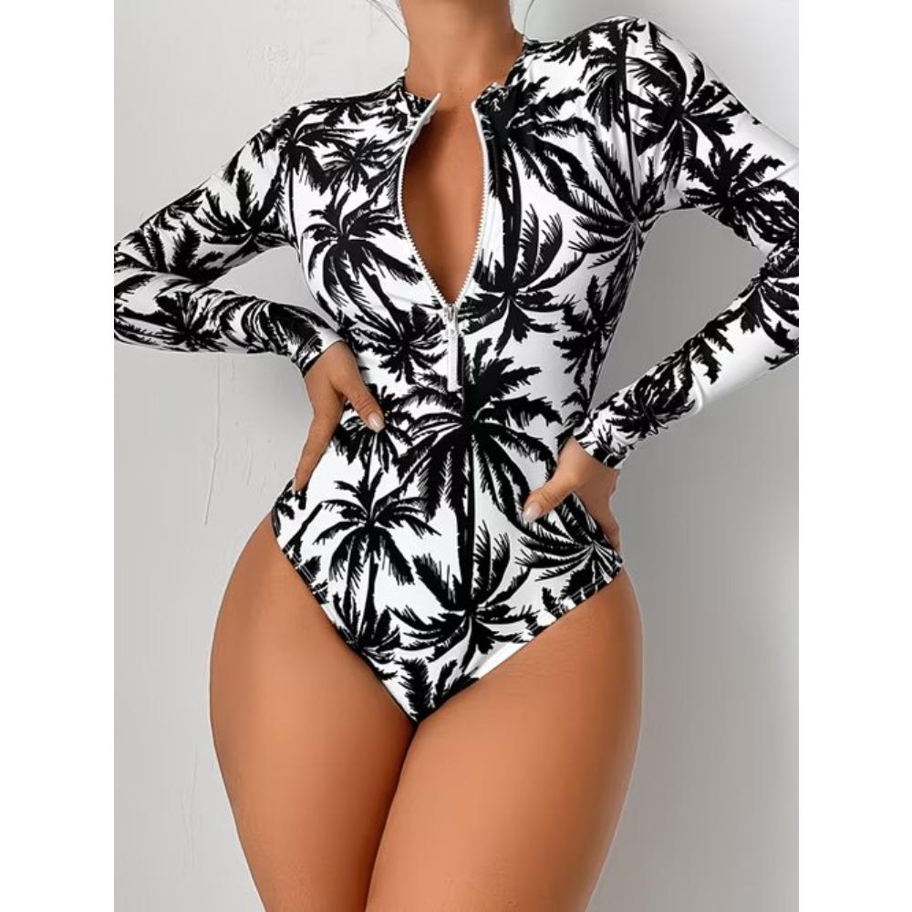 Kadın Uzun Kollu Tek Parça Mayo Fermuarlı Ön Vintage Çiçek Desenli Baskılı Rash Guard Sörf Mayo