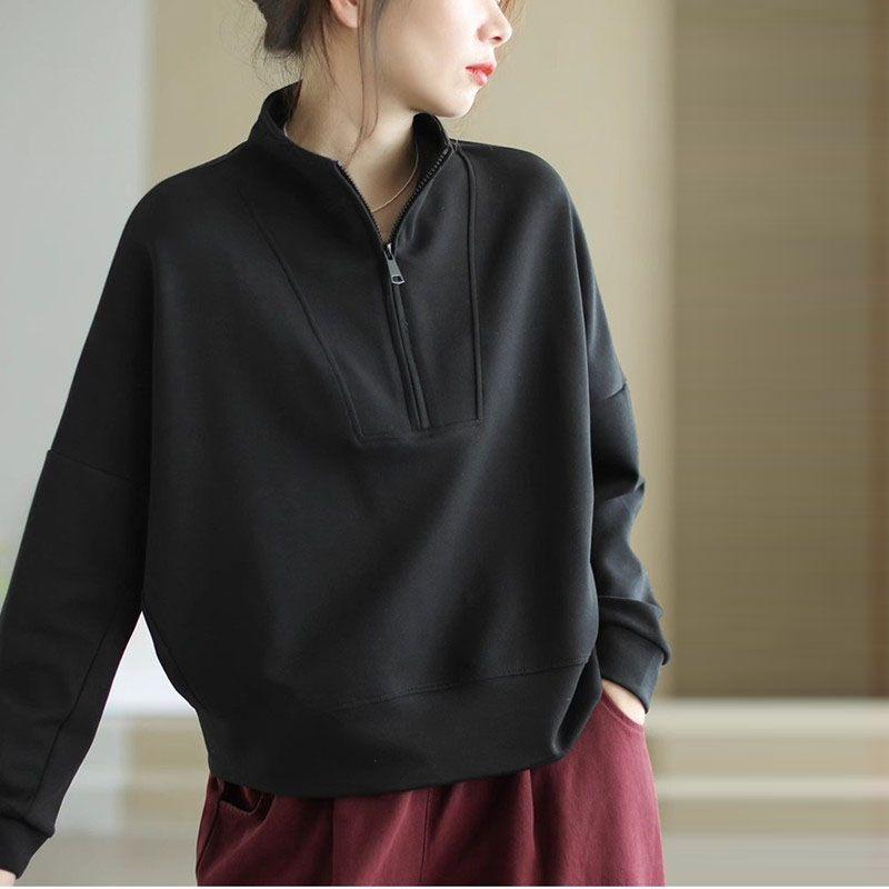 Women Casual Stand Collar Sweatshirts Half Zipper Solid Drop Sleeves Oversize Pullover Zip Up Chic Female Outer Wear Pullover