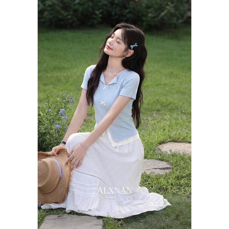 Lu Xiangnan French Style Blue Short Sleeve Women s Slim Top M