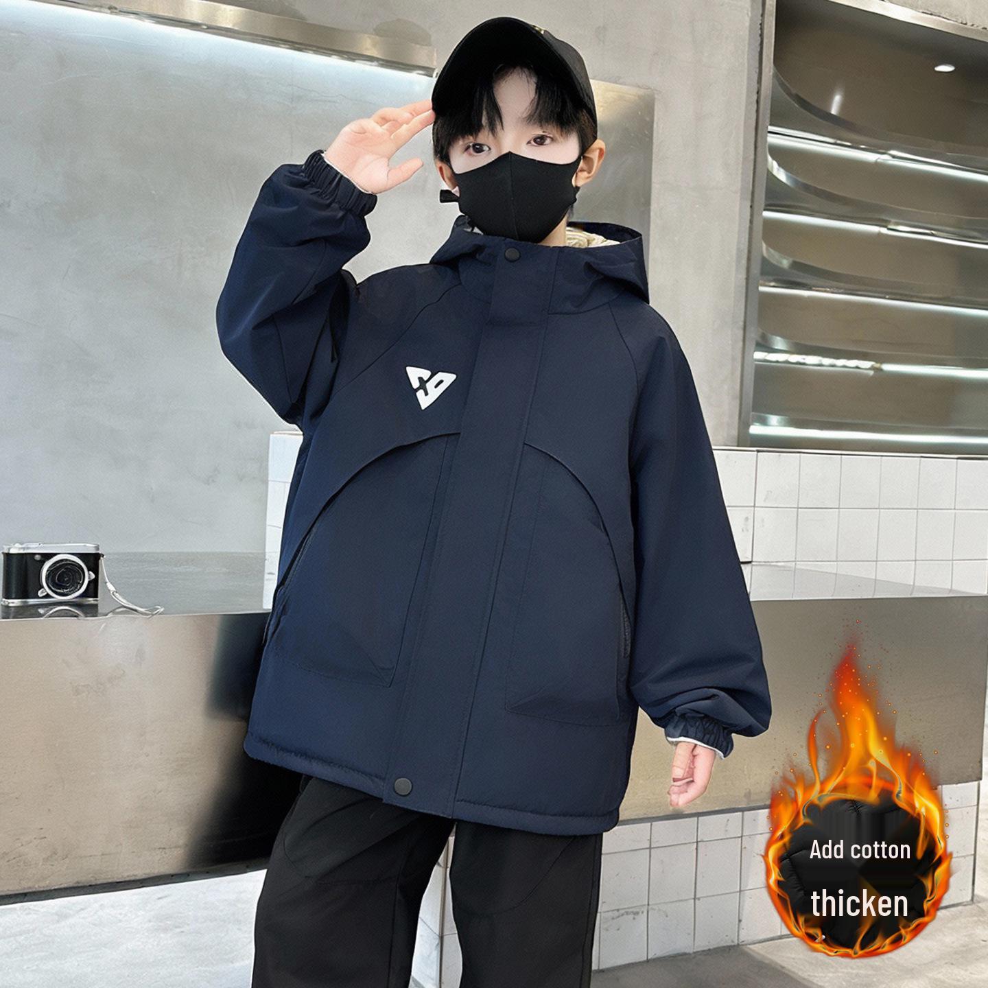 

Boys 2026 New Style Ski Jacket - Thickened Fleece Padded Cotton, Solid Color for Autumn & Winter 120 темно-синього кольору