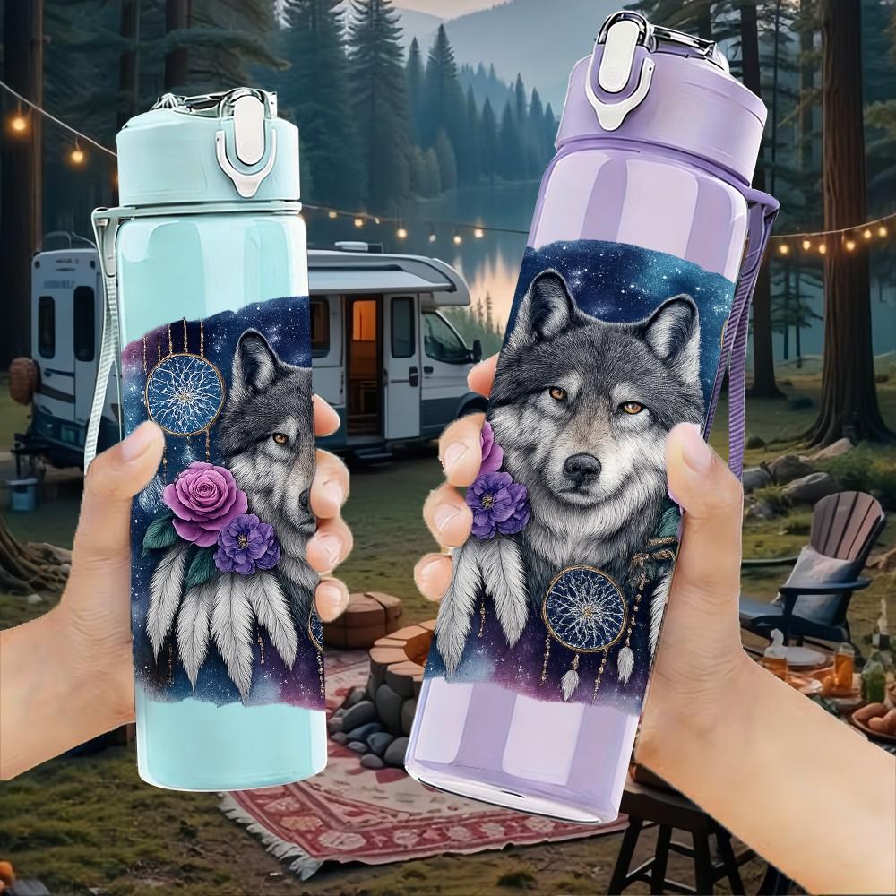 1pz Corona Floreale Lupo Ritratto Oscuro 750ml Plastica Colorata Borraccia Sportiva Tappo a Vite Anti-perdita con Cannuccia Pieghevole Adatta per Sport Ufficio Uso Domestico