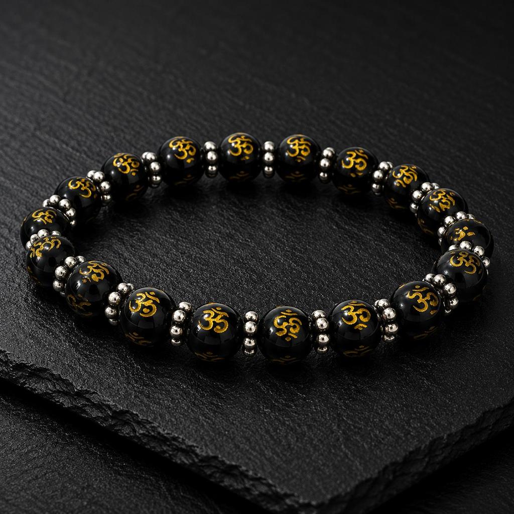 Black Onyx OM Beads Stretchable Bracelet 7.5" , Good-Luck Beads Bracelet For Your Love, Handmade Jewelry, Unisex Gift CSB-42