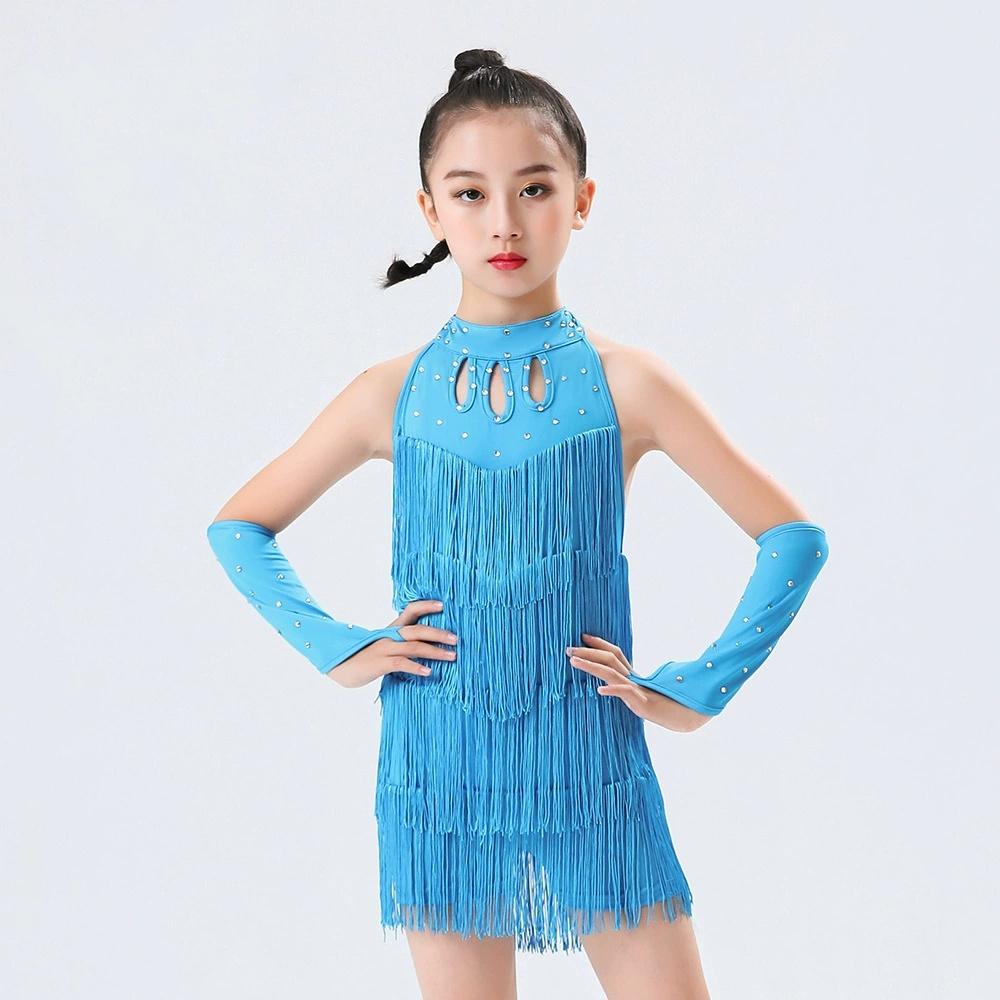 Vestido de Danza Latina con Flecos de Lentejuelas Bachata Salón Tango Salsa Vestido para Niños Niñas Competición Profesional Traje de Danza Latina