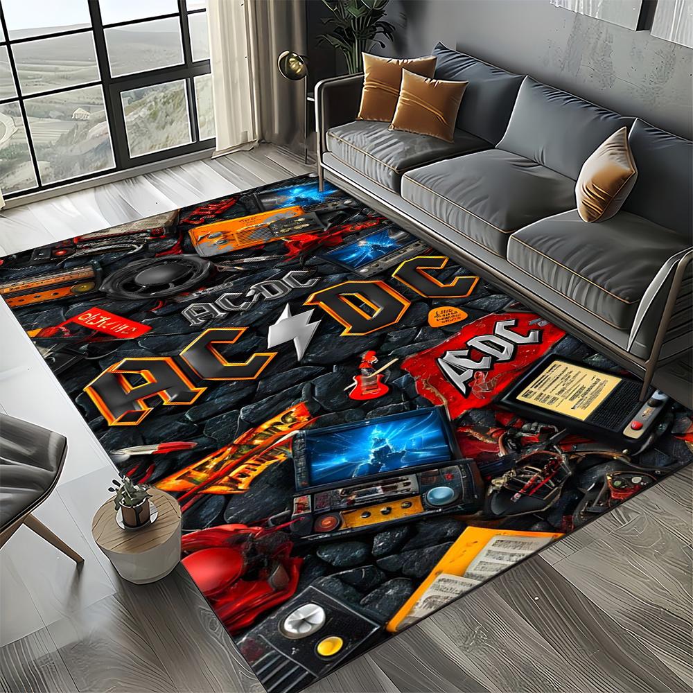 3D AC-DC Rock Band Cartoon Teppich Groß, Teppich für Wohnzimmer Schlafzimmer Sofa Fußmatte Dekoration, rutschfeste Bodenmatte für Kinder