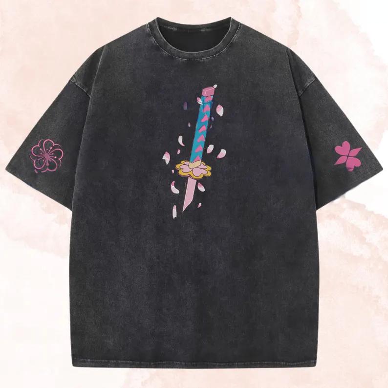 Anime Demon Slayer Kanroji Mitsuri Graphic T Shirt Men Short Sleeve Clothing Cotton Tshirt Vintage Washed T-shirt Harajuku Tops