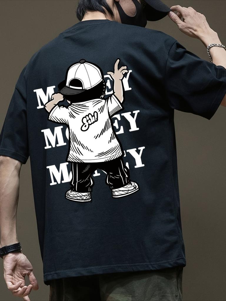 Summer men's fashionable cartoon letter printed breathable round neck T-shirt outdoor urban high street casual top