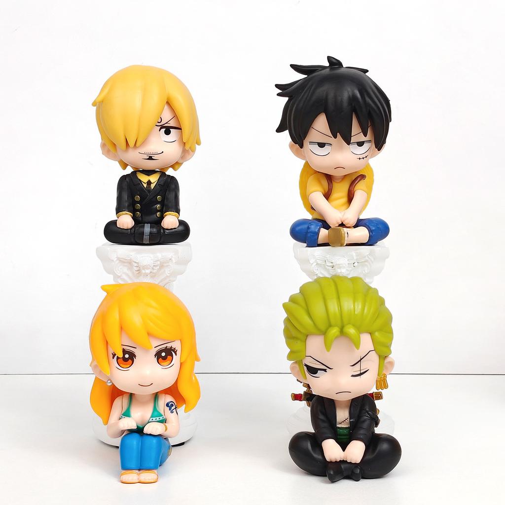 10CM In Stock One Piece Luffy Roronoa Zoro Nami Sanji Mini Figure Anime Kawaii Sitting Toys Desktop Car Ornaments Model Gifts
