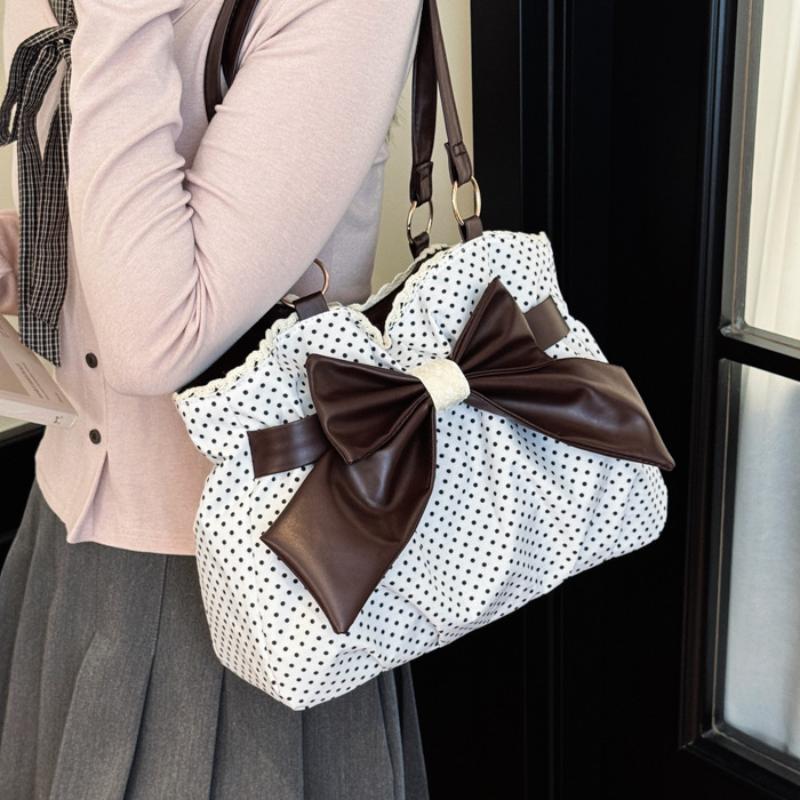 Polka Dot Shoulder Bag With Large Bow Decor Lace Trim Large Capacity Tote Bag Sweet Vintage Style Women Versatile Commut Handbag