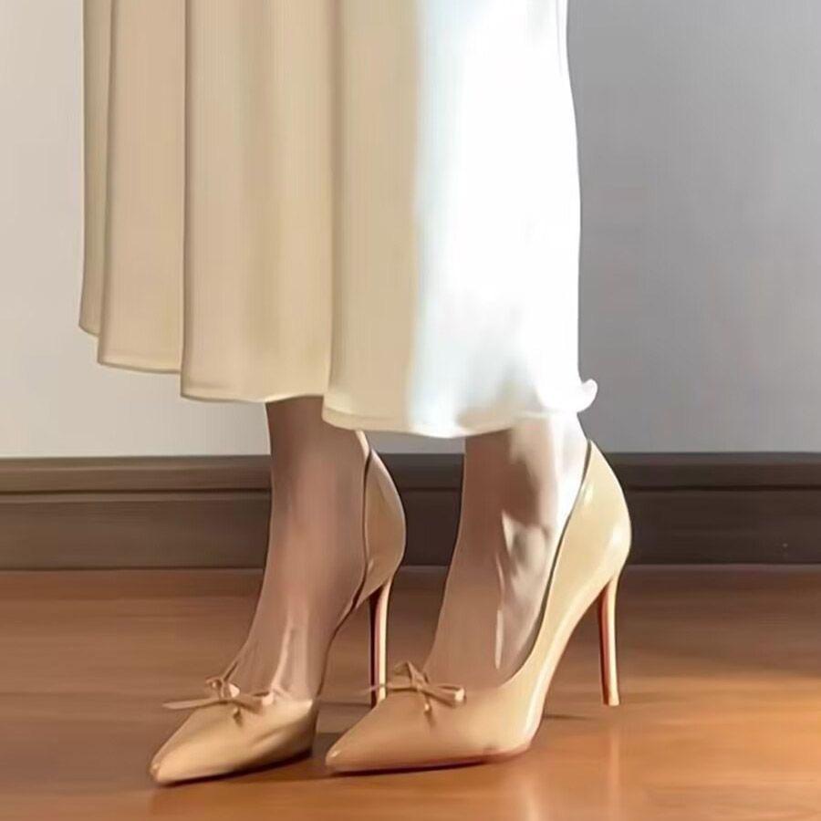 Pointed temperament single nude high heels red bottom bow patent leather side empty mouth sexy side empty socialite looking thin