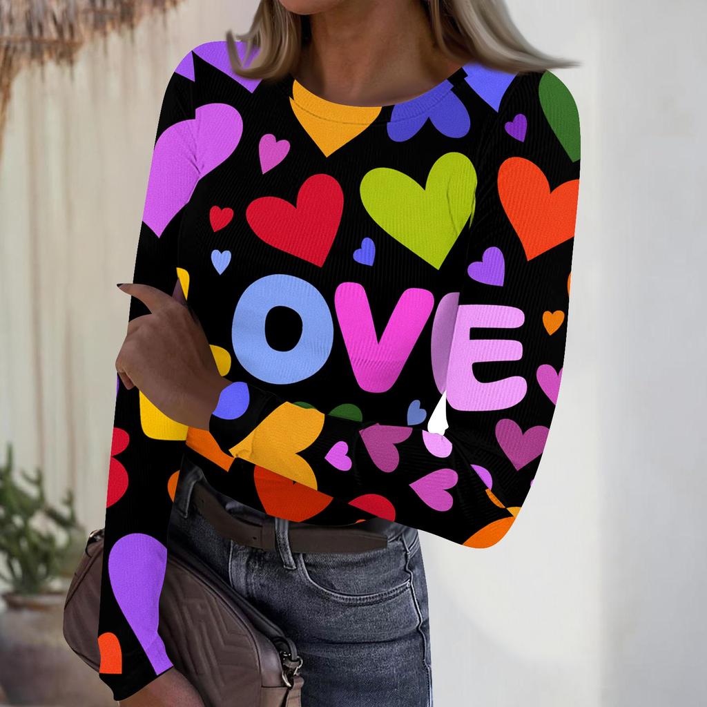 Haut côtelé décontracté et tendance pour femme, à col rond et manches longues, avec imprimé Saint-Valentin.