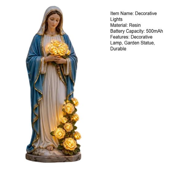 Blessed Mother Garden Light Statue with Flower USB Lamp Ornament Weather-Resistant Glowing Rose Decorative Lamp for Outdoor