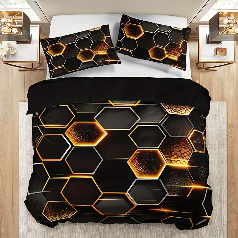 3pcs Golden Diamond Geometric Bedding Set -1 Duvet Cover 2 Pillowcases Breathable  Machine Washable - Perfect for All Seasons