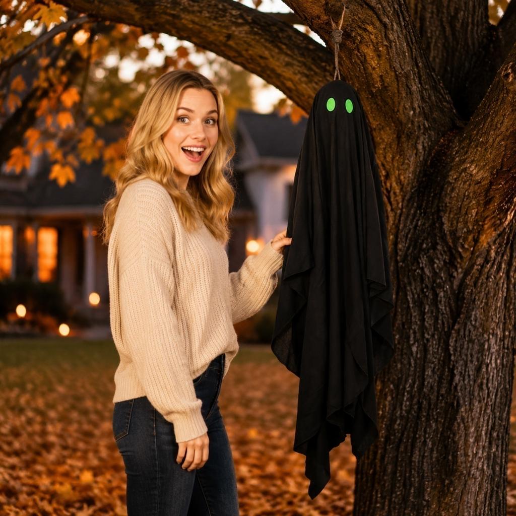 Halloween Hanging Ghost Decoration Glowing Eyes Fabric Ghost Prop 60x100cm Indoor Outdoor Halloween Party Decoration