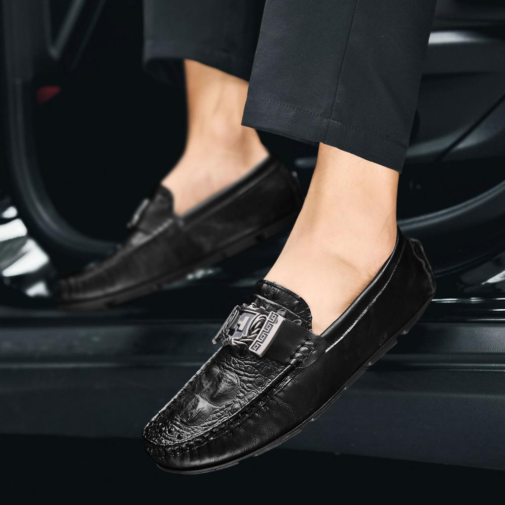 Crocodile pattern beanie shoes lazy driving shoes British casual men's leather shoes genuine leather H