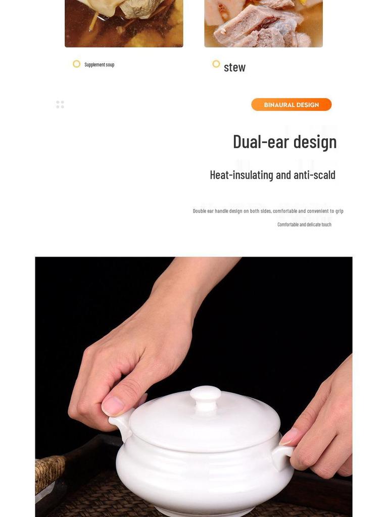 Pure White Ceramic Stew Pot with Lid - Chinese Shaxian Style Soup & Steam Pot, Gold Rimmed.