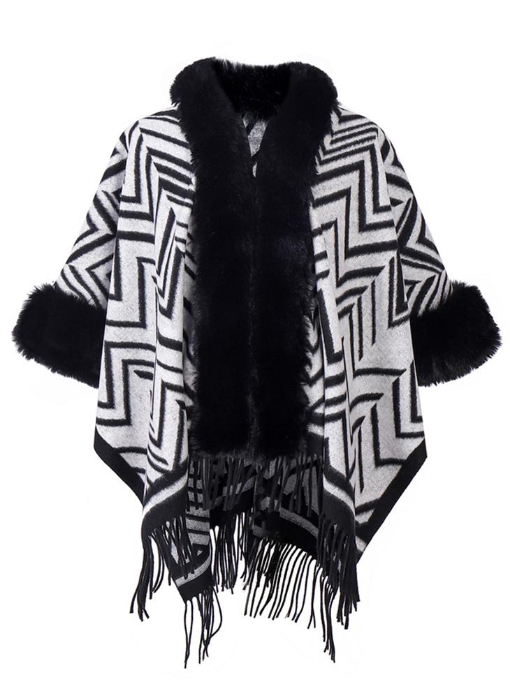 Winter Scarf Women Lady Layers Poncho Elegant Luxury Faux Fur Collar Striped Tassel Shawls Scarve Capa Para Mujer Fashion Coat