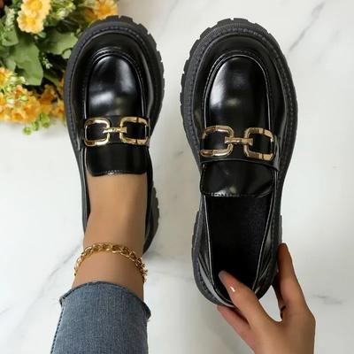 Zapatos de mujer Zapatos de moda para mujer Mary Janes Zapatos planos de punta redonda Mocasines Oxford Plataforma Casual Hebilla de cadena de metal Tacones de mujer Negro