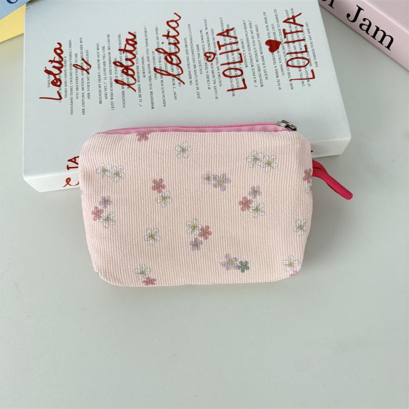 New Corduroy Floral Coin Wallet Women Portable Lipstick Makeup Bag Children's Cute Coin Purse Small Wallet Large Capacity ID Bag
