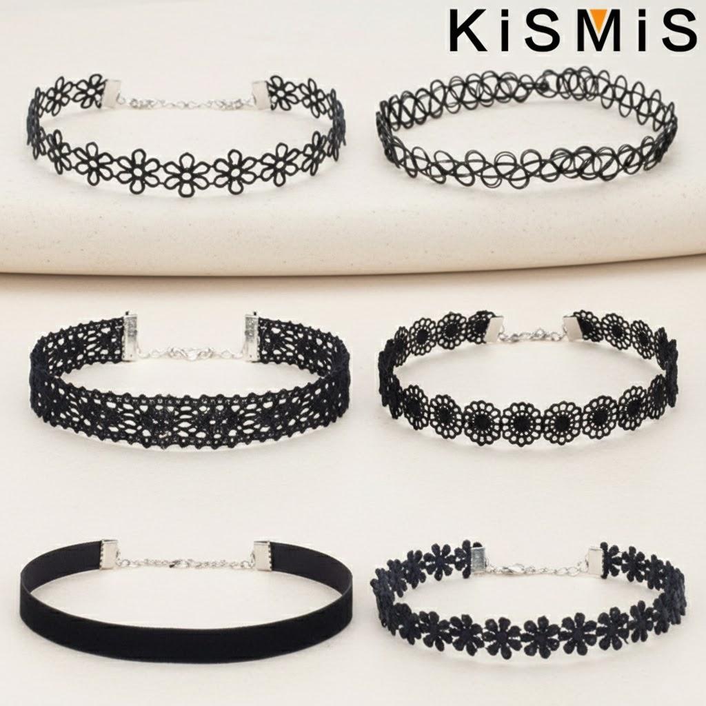 Black Lace Choker Necklace Set Vintage Gothic Punk Elastic Necklace Jewelry for Women 6Pcs