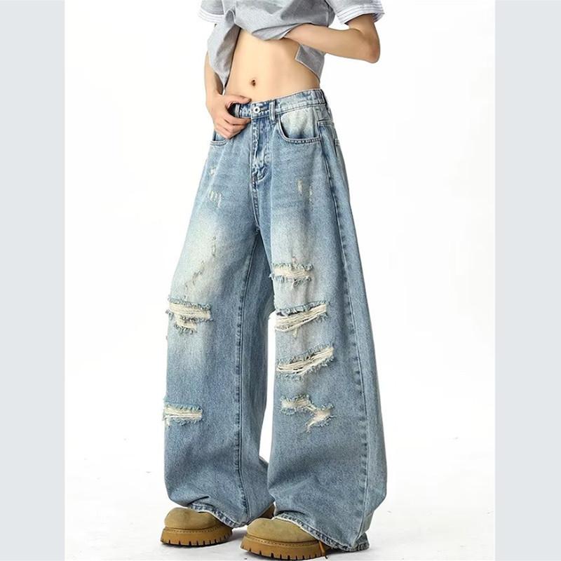 American Street Retro Ripped Design Sense Ink Splashing Jeans Men Loose Straight Drape Wide Leg Trousers Men