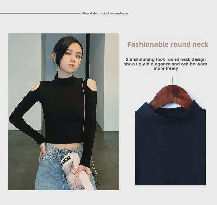 Women's Black Off-Shoulder Long Sleeve Crop Tops - Autumn/Winter High Collar Cotton Fashion T-Shirts
