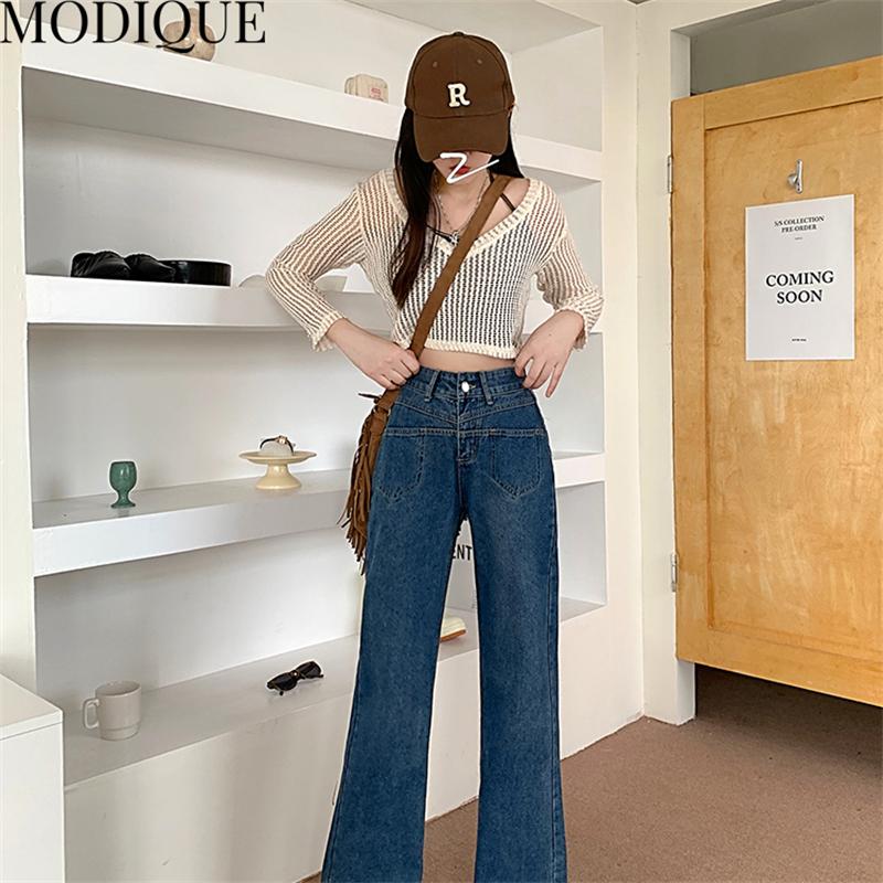 MODIQUE Toamnă Plus Size Noi femei Pantaloni drepti elastici cu talie înaltă Lungime întreagă pentru damă Basics Casual Blugi lungi largi Pantaloni din denim pentru femei