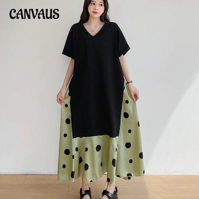 Plus Size Summer Women's Dress Long Big Polka Dot V-Neck Short Sleeve Dresses