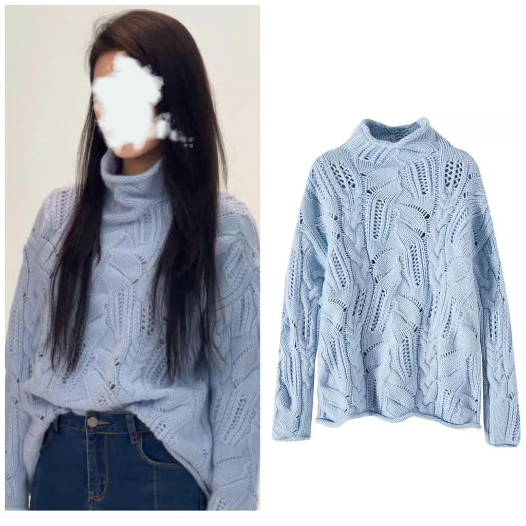 Zhao Jinmai Blue Hollow-Out Half-High Neck Sweater - Women's Autumn/Winter Versatile Loose Knit Top