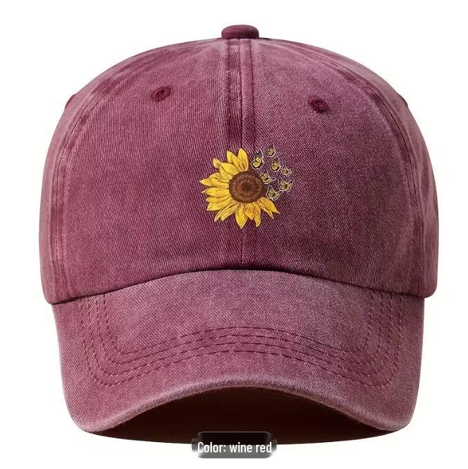 Sunflower Print Washed Dad Hat - Stylish Korean Baseball Cap for Men & Women, Versatile Sun Protection.