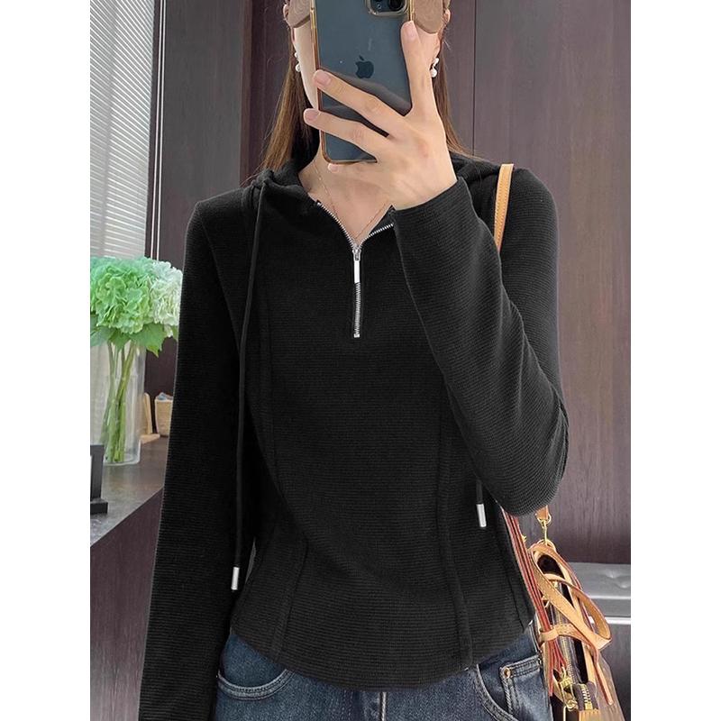 Women's Gray Hooded Sweatshirt, New 2025 Edition - Small Size, Spring Half-Zip Inner Wear, Short Base Top