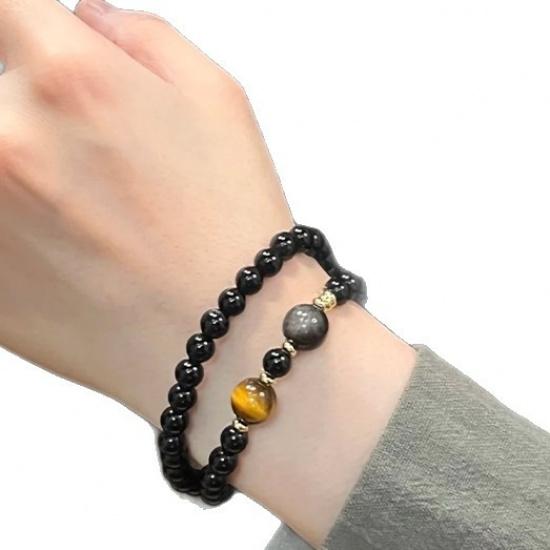 Natural obsidian double-loop bracelet with a traditional Chinese style, versatile for layering, paired with tiger eye stone, a gift for lovers on