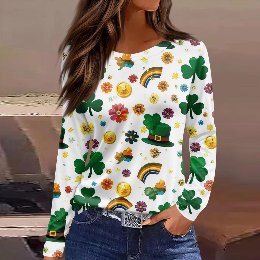 Damenmode Lässig Schlitz Saum Rundhals Langarm Lose Bedrucktes T-Shirt Damen Top