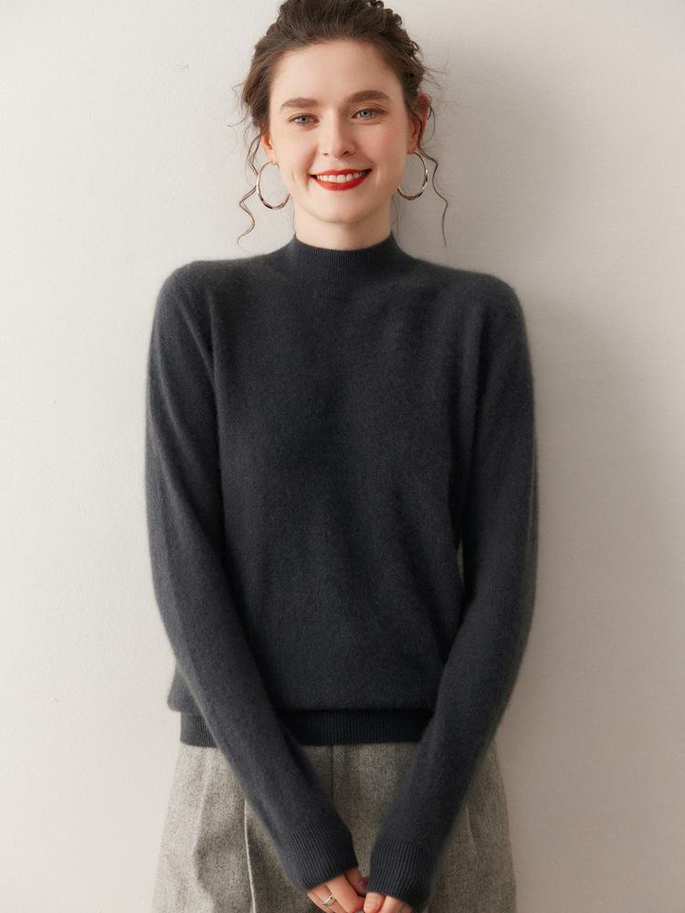 Women's Fashionable Cashmere Half-High Collar Knit Top - Versatile Long Sleeve Warm Base Layer for Autumn/Winter