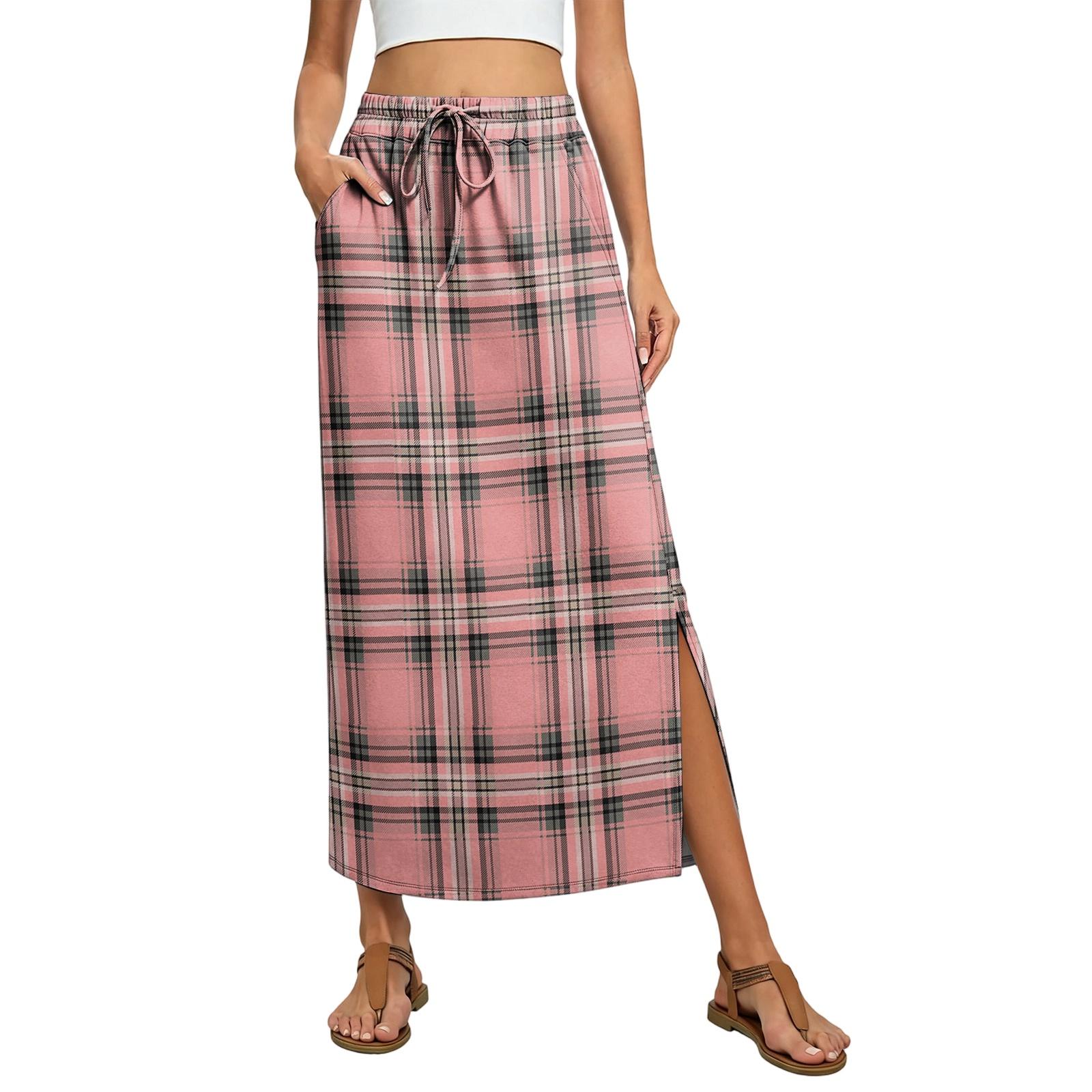 Women s Plaid Print Maxi Skirt with Drawstring Waist and Side Slit Casual Loose Fit Long Skirt XL розовый